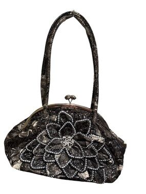 Vinyl  retro snakeskin handbag with  oversized rhinestoned flower and kiss lock
